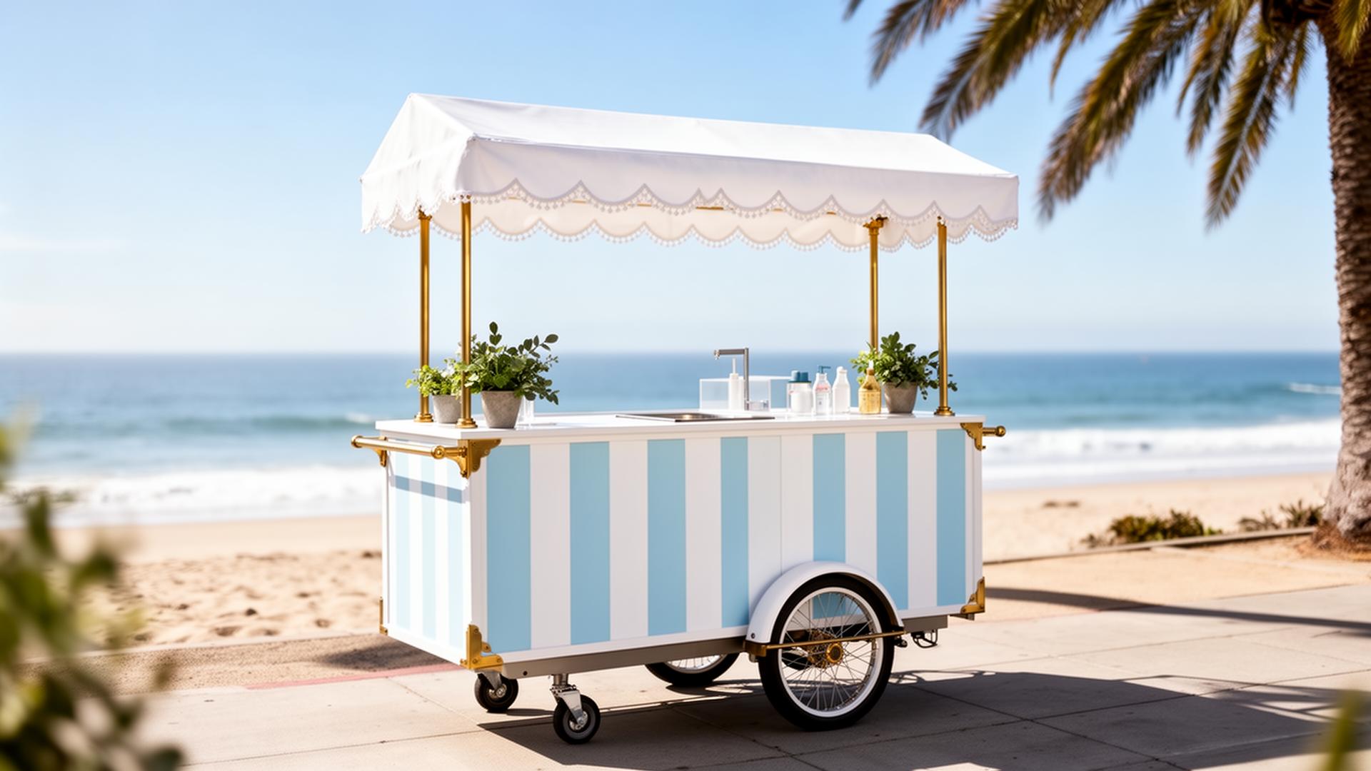 A boutique ice cream cart with light blue and white cabana stripes and a white scalloped awning parked near the beach in Pacific Palisades