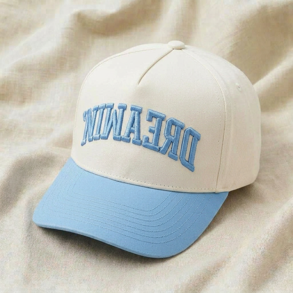 Washed sky blue cap with 'dreamin'' embroidered upside down in white script