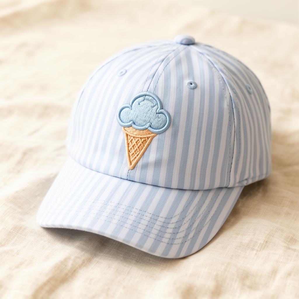 Light blue and white striped boutique cap with embroidered cloud cone