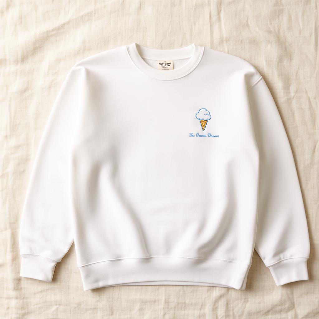 White crewneck with sky blue cloud cone embroidery